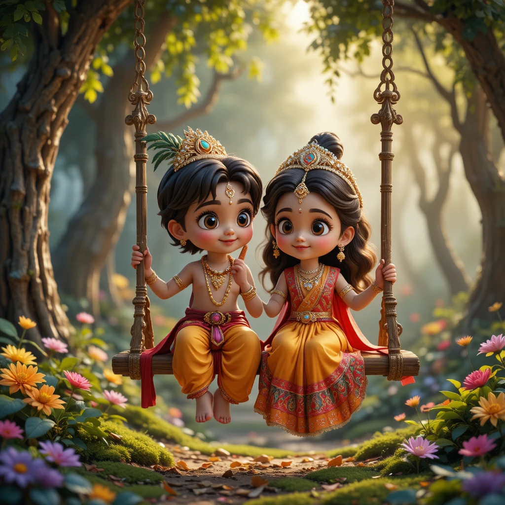 Adorables enfants sur une balançoire dans une forêt magique