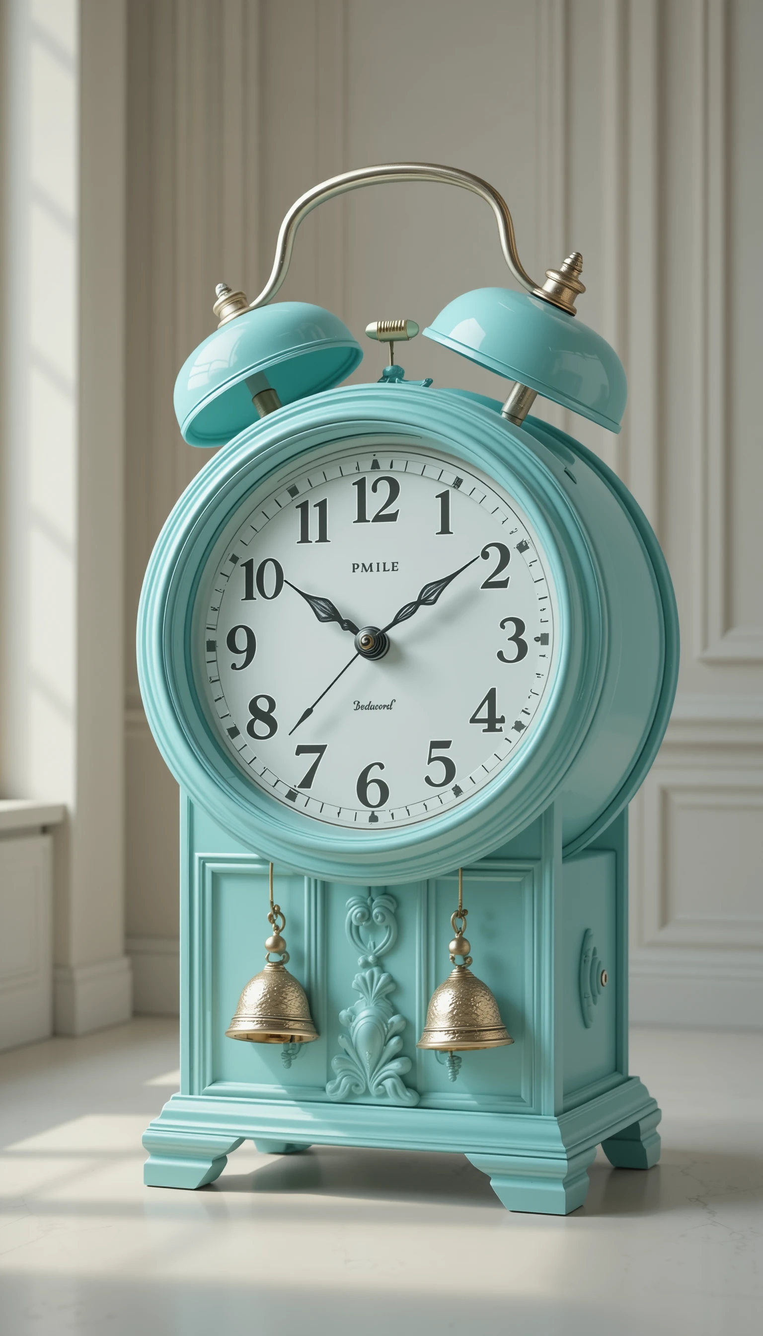 Elegant turquoise alarm clock in a serene interior room