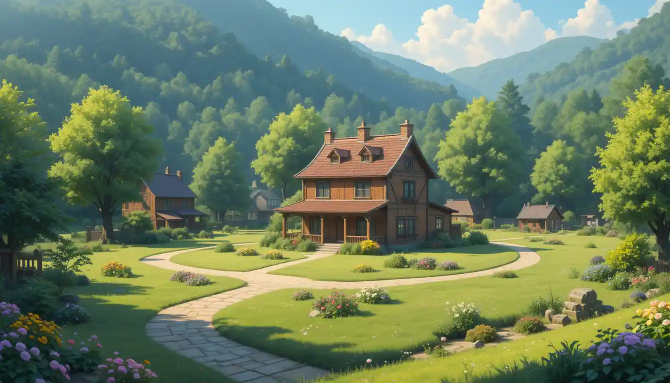 Village de Dessin Animé Paisible avec Maison Traditionnelle Centrale à l'Aube