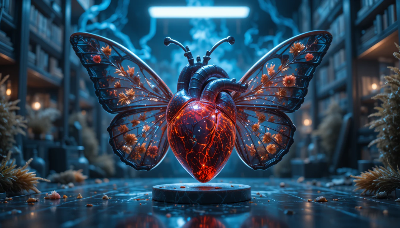Marble heart relic with crystal butterfly wings in lab