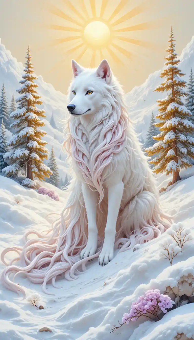 Lobo branco em paisagem nevada sob um sol dourado