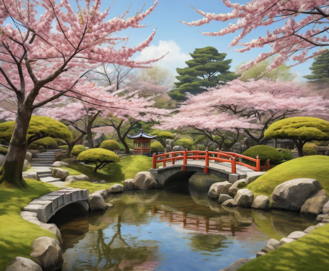 Tranquil Japanese garden with spring cherry blossom trees