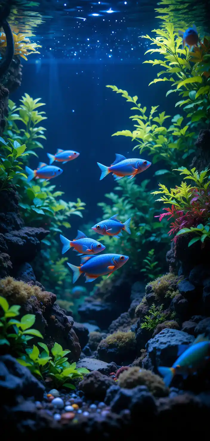 Blue neon fish in lush planted aquarium close up
