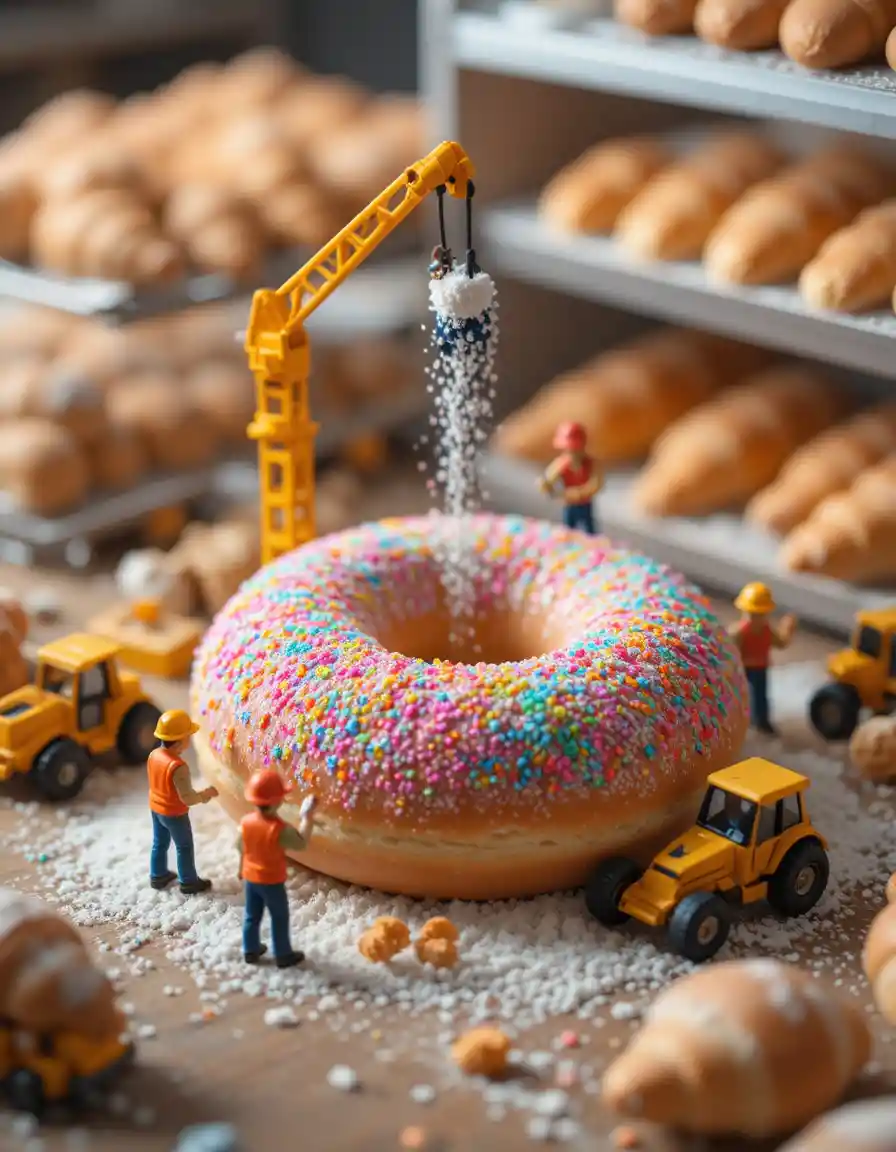 Trabalhadores em miniatura construindo um donut gigante em uma padaria