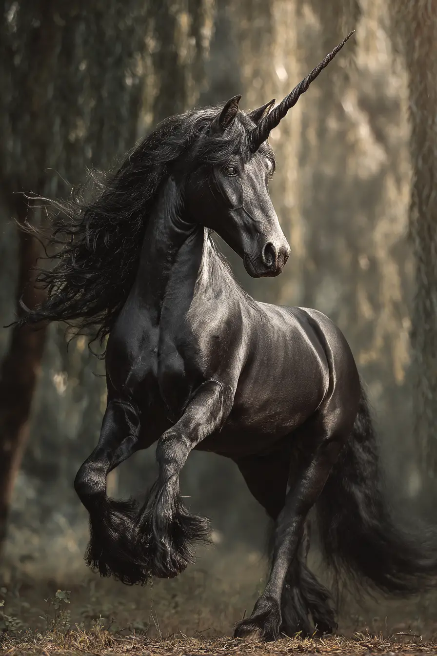 Licorne andalouse noire se cabrant dans une forêt inquiétante