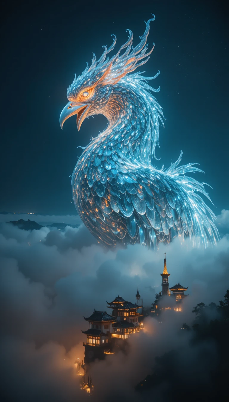 Fênix brilhante sobre uma pequena aldeia chinesa à noite