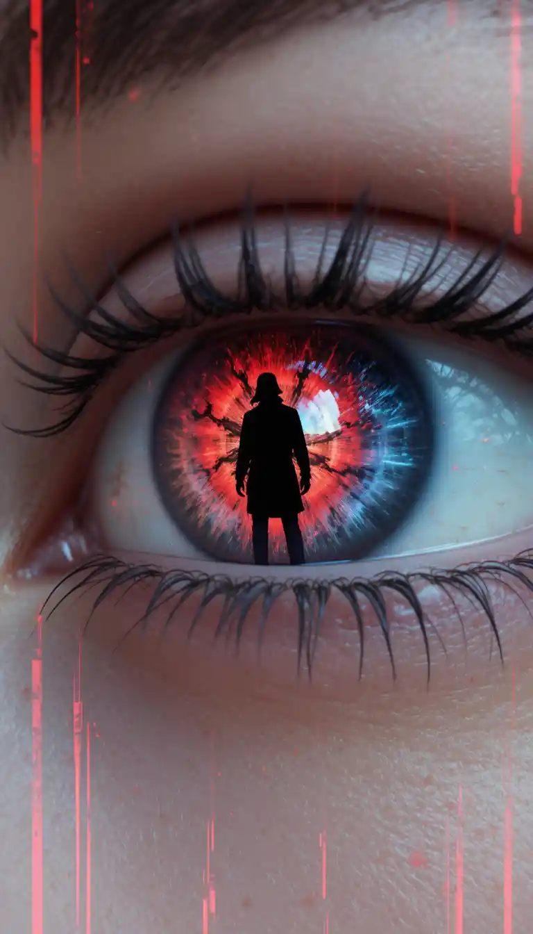 Très gros plan d’un œil coloré avec des glitchs numériques