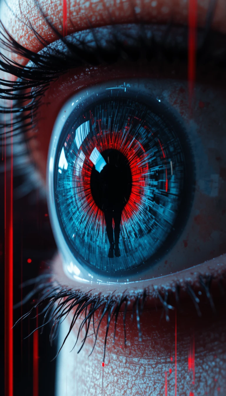 Extremes Close-up eines farbenfrohen Auges mit digitalem Glitch-Hintergrund
