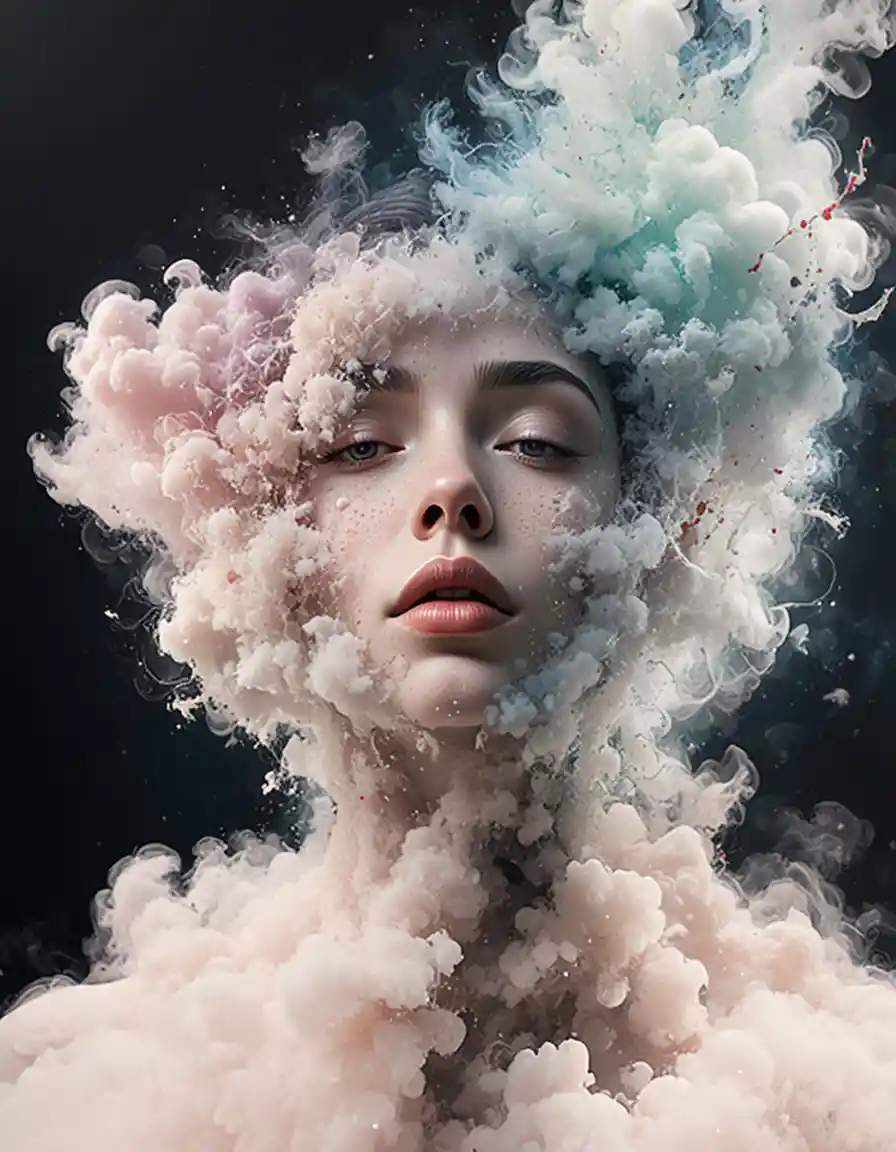 Surreal portrait of a face dissolving into drifting clouds