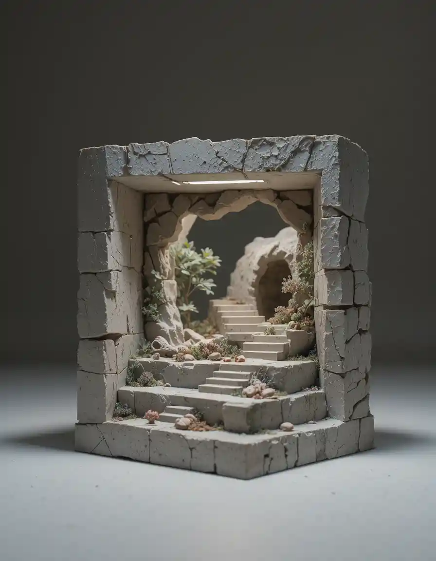 Scultura macro di un mondo simbolico all'interno di una forma geometrica