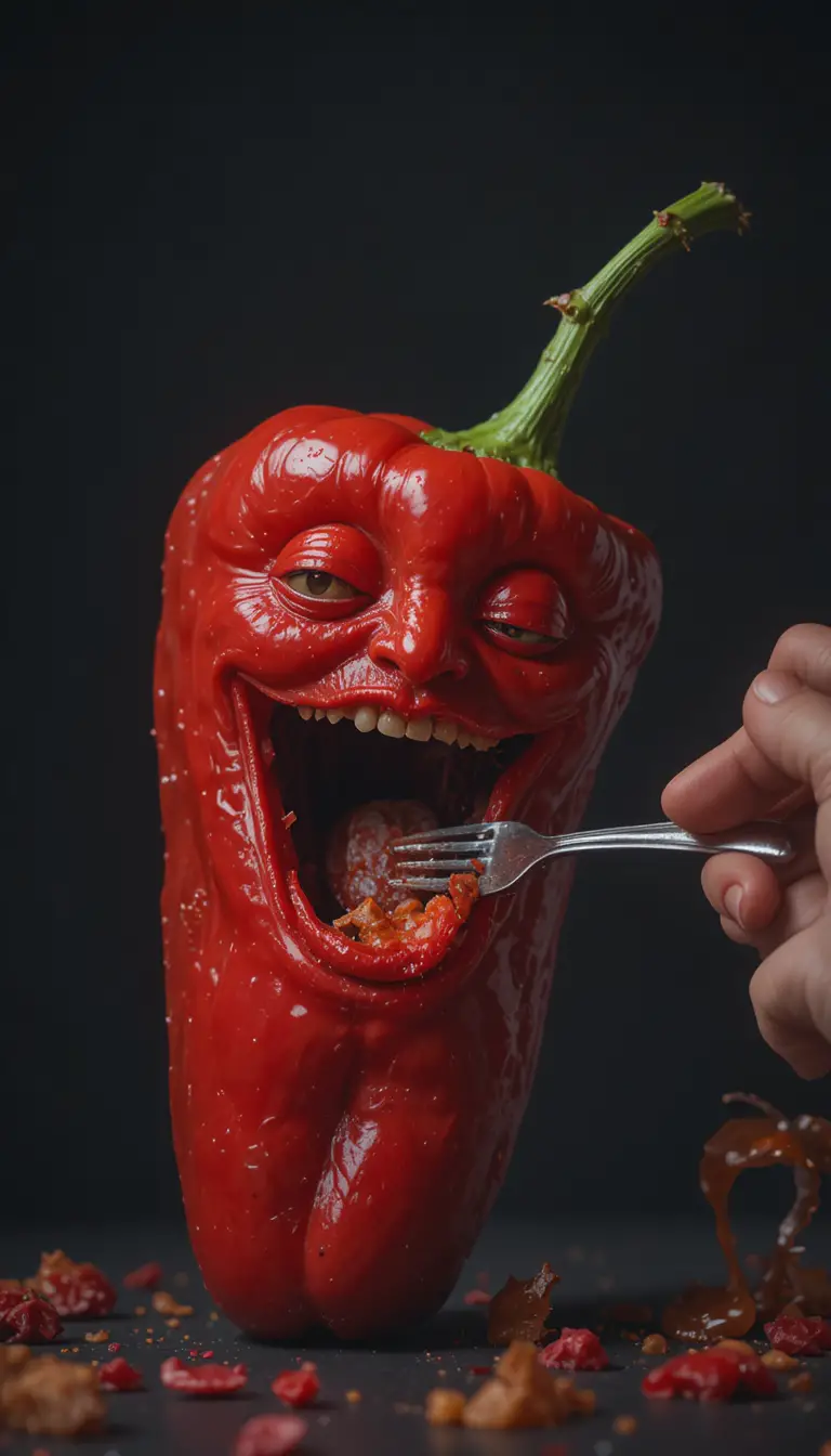Portrait surréaliste de piment avec main humaine et fourchette