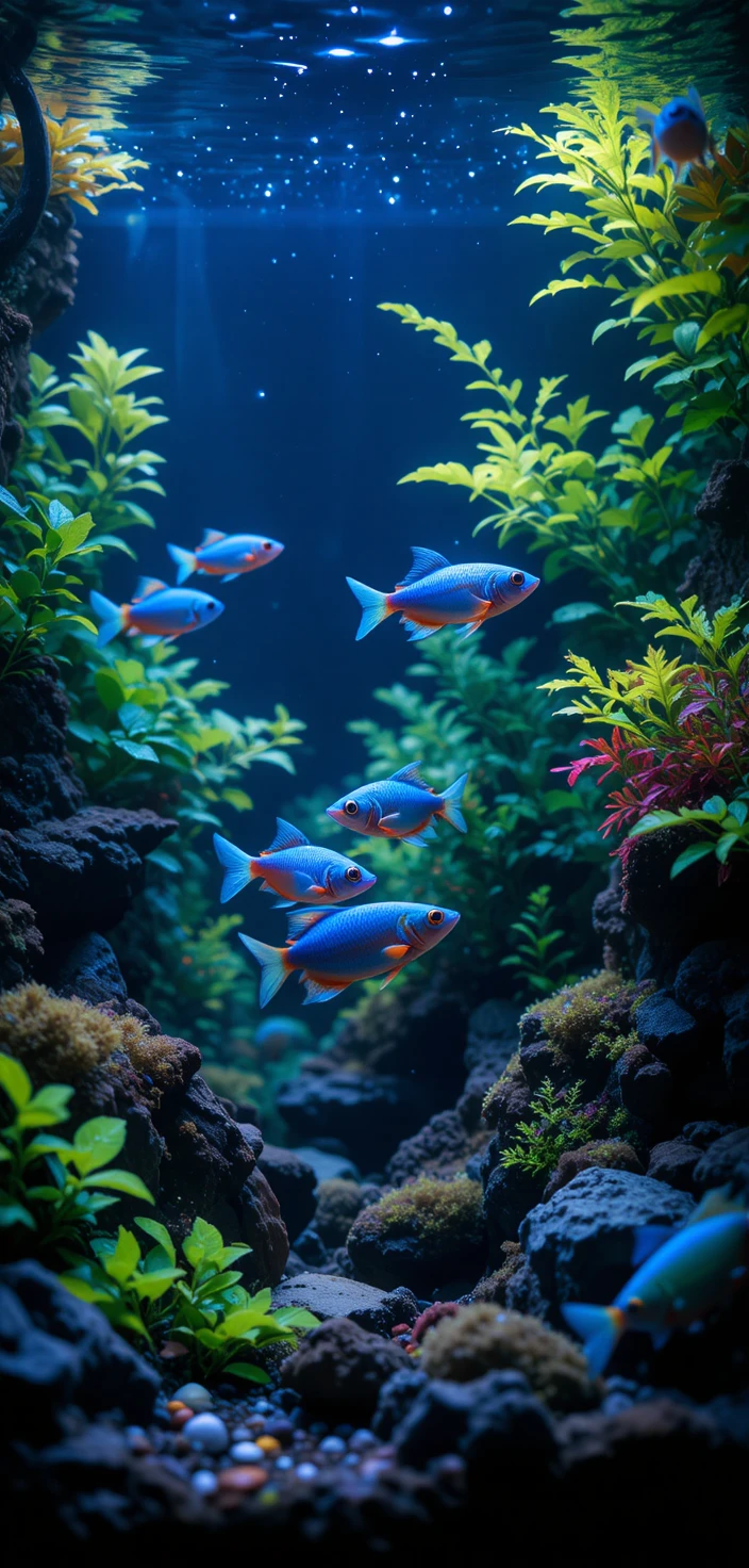 Blue neon fish in lush planted aquarium close up