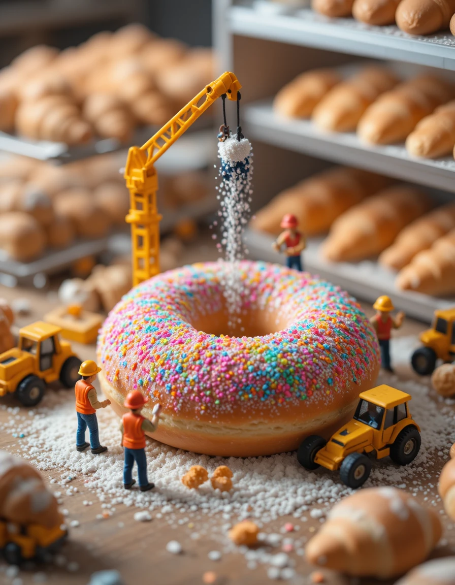 Miniature workers building a giant donut in a bakery
