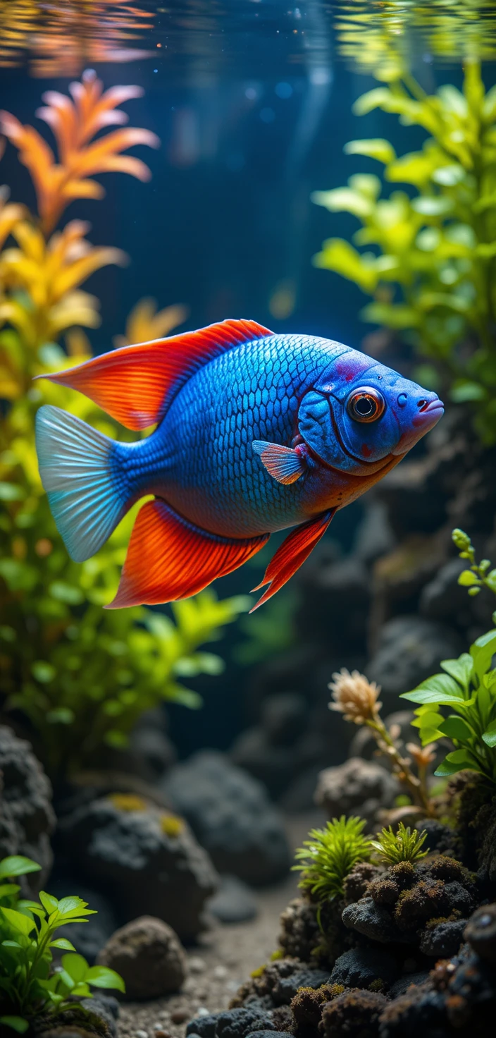 鬱鬱蔥蔥水草缸中的霓虹燈魚特寫