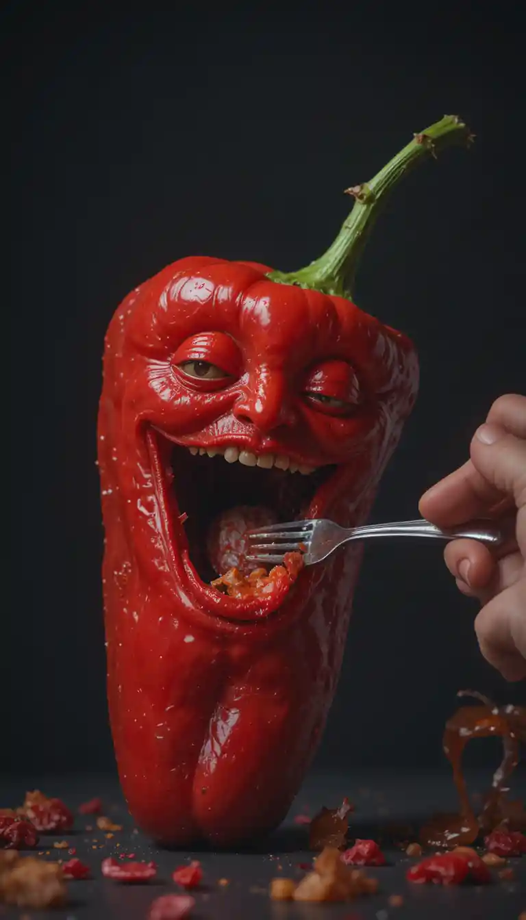 Ritratto surreale di peperoncino con mano umana e forchetta