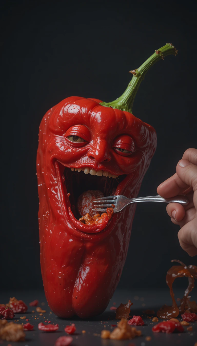 Portrait surréaliste de piment avec main humaine et fourchette