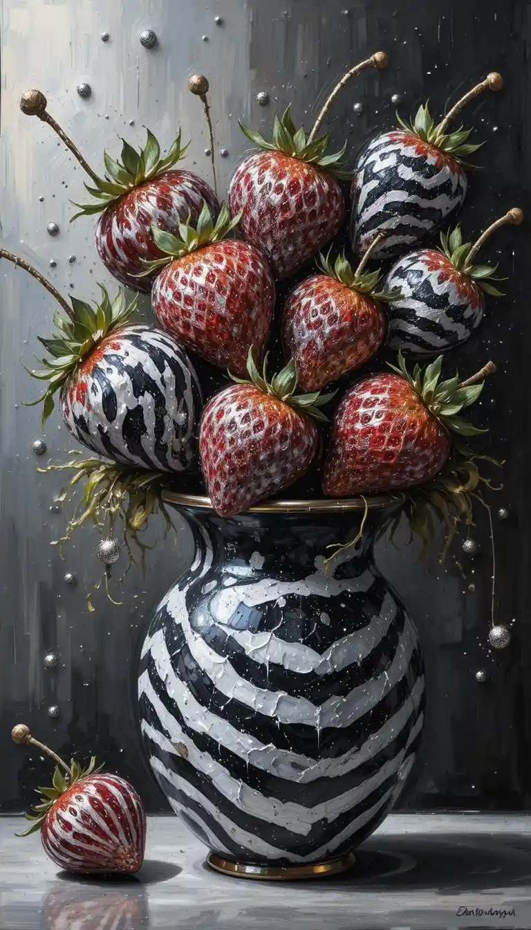 Fluffy zebra patterned strawberries in a vase side view