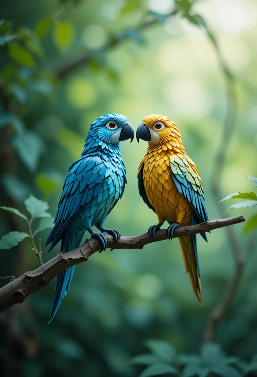 Papagaios de origami coloridos empoleirados em um galho em foco suave