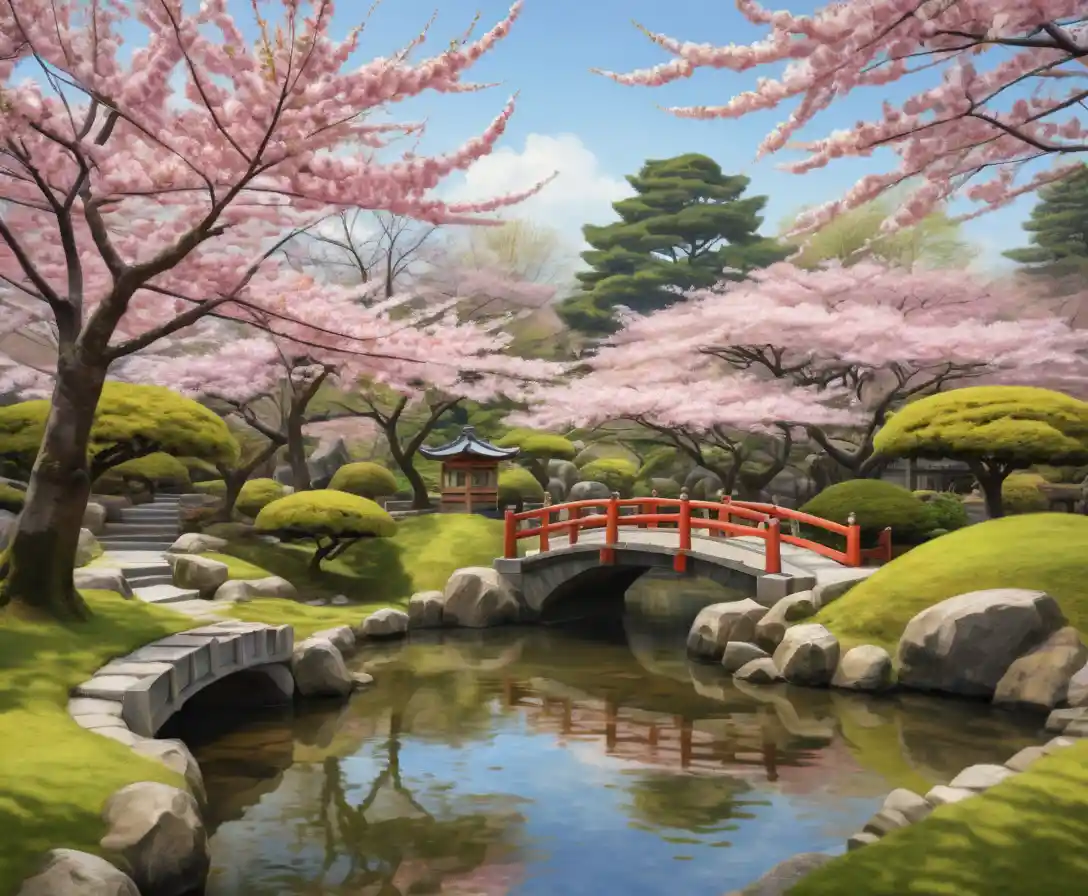 Tranquil Japanese garden with spring cherry blossom trees