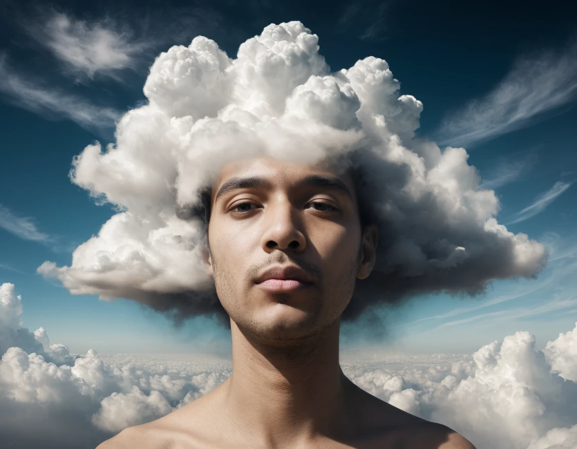 Retrato surreal de um rosto se dissolvendo em nuvens flutuantes