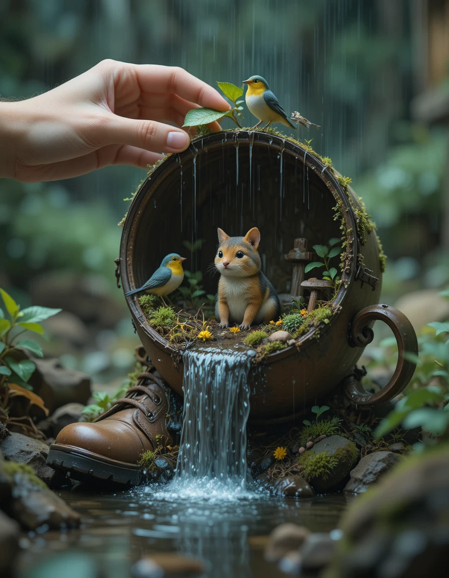 Animal de la forêt en miniature abrité par des mains et une feuille