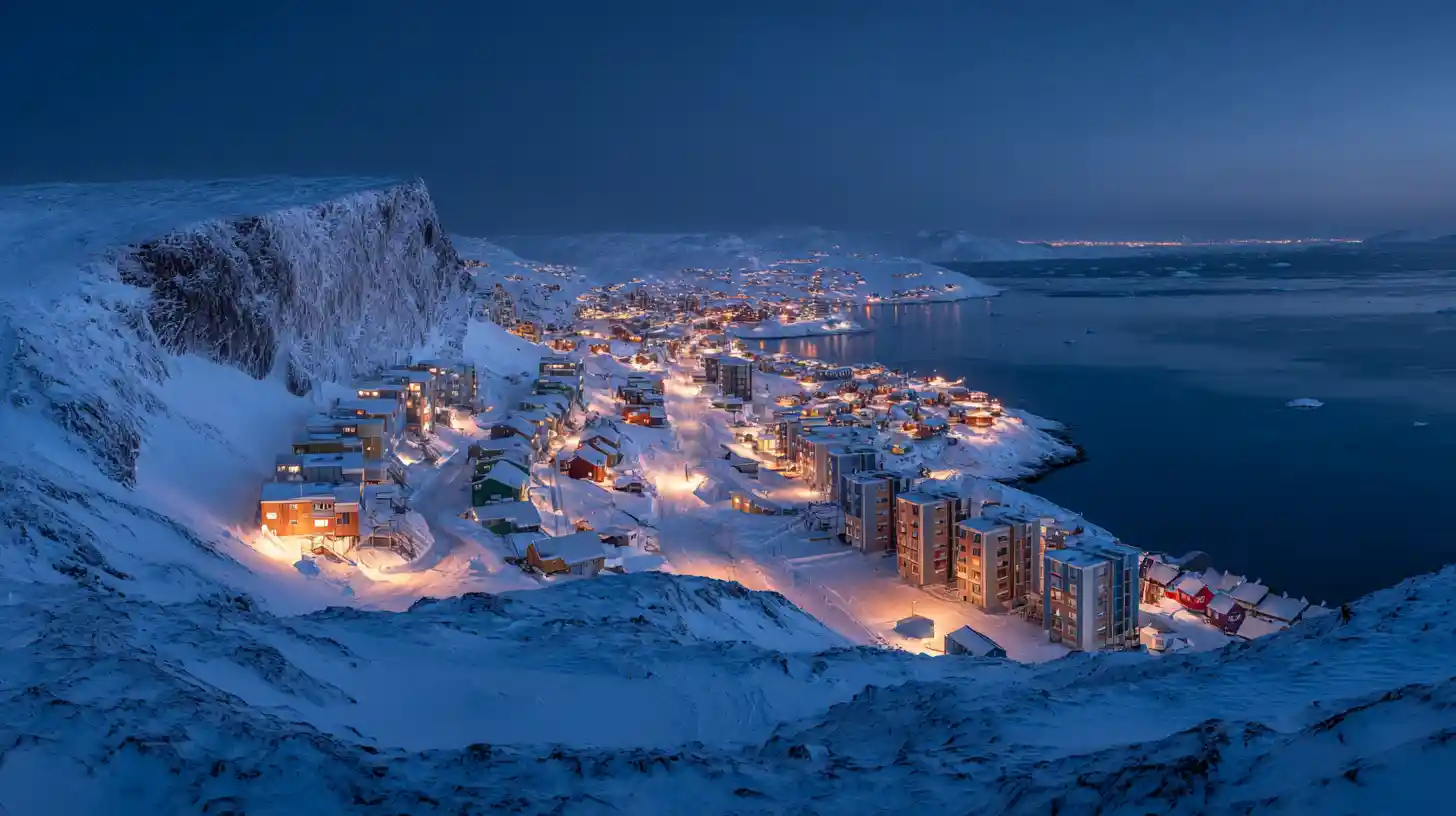 Ville côtière enneigée au Groenland à l’heure bleue du crépuscule