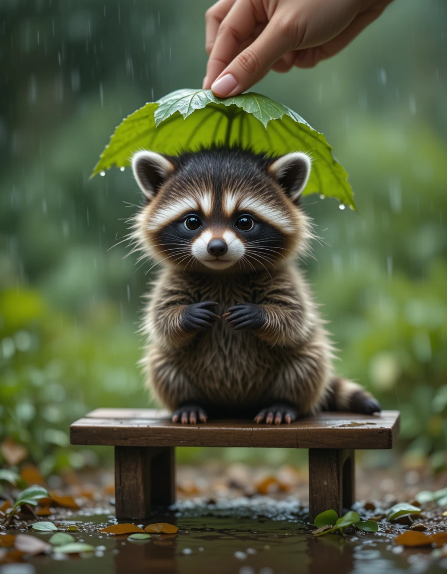 Cute baby raccoon sheltered by a leaf umbrella in rain