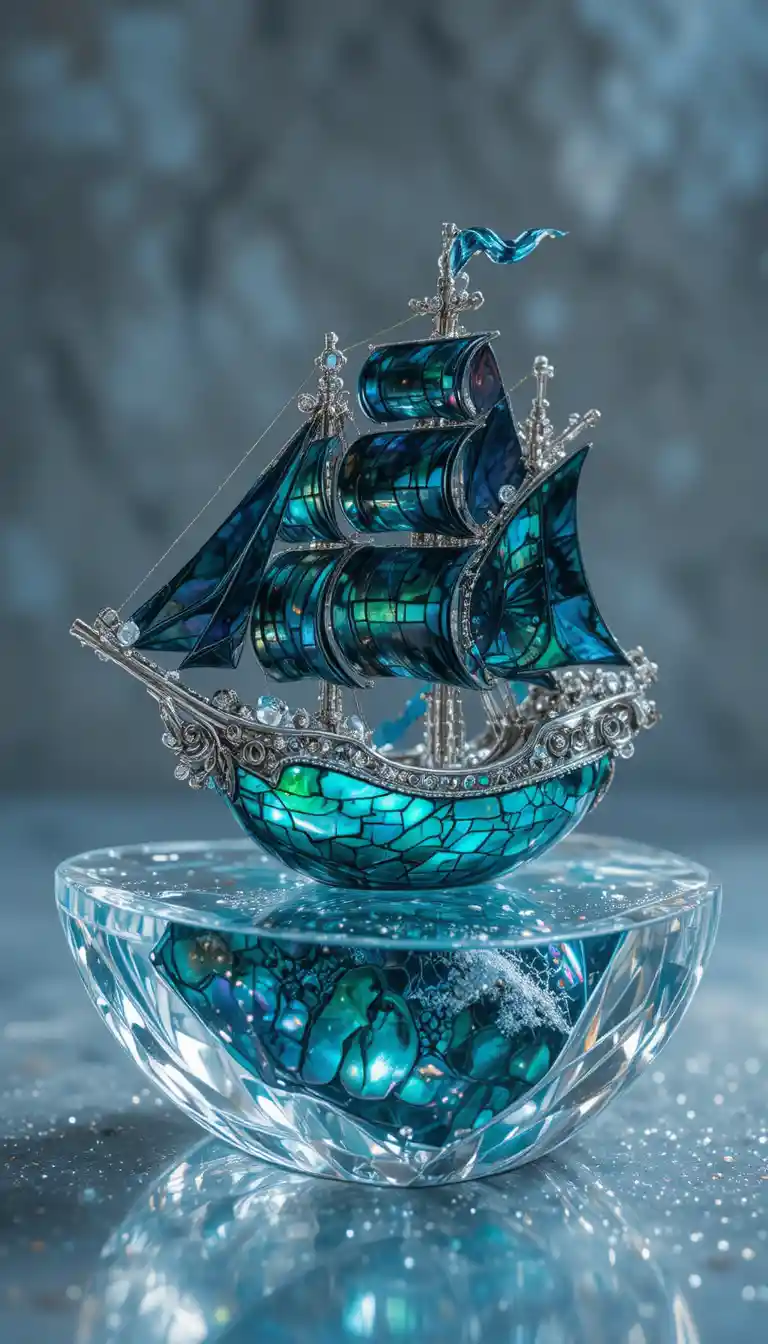 Nave de cristal iridescente em brilho turquesa e prateado
