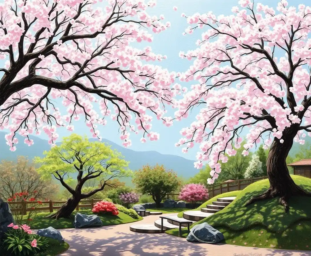 Tranquil Japanese Garden With Blossoming Cherry Trees In Spring