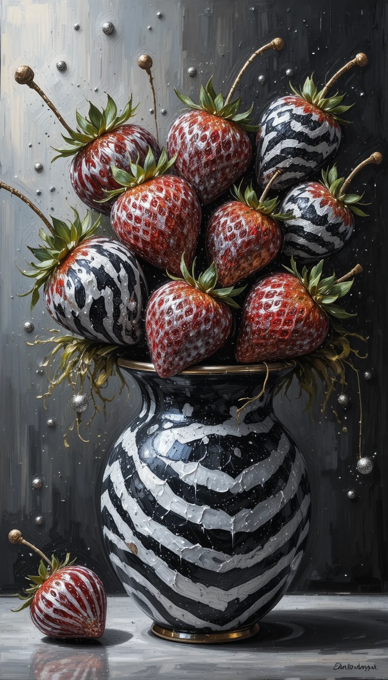 Fluffy zebra patterned strawberries in a vase side view