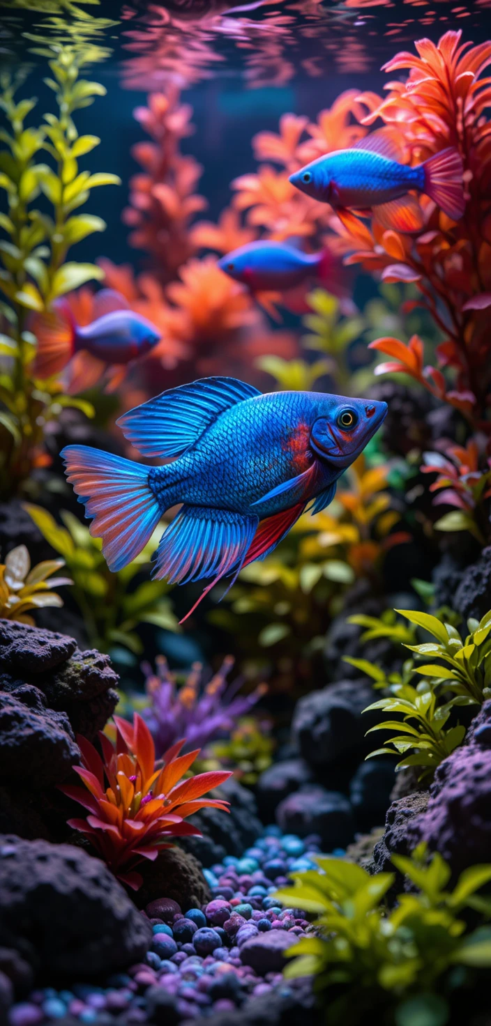 Neon blue tetra fish in a lush planted aquarium