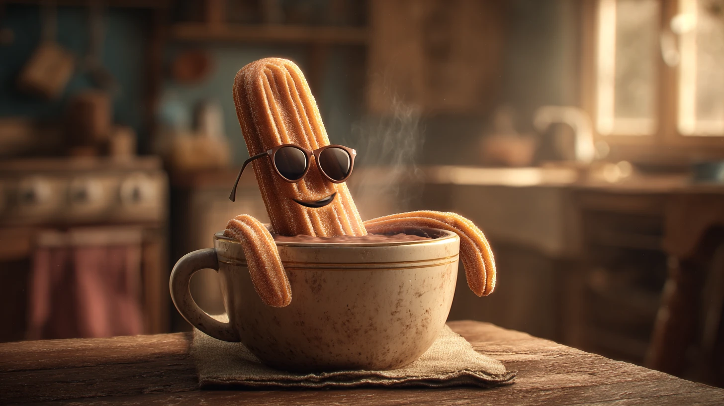 Churro descolado relaxando em uma xícara de chocolate quente
