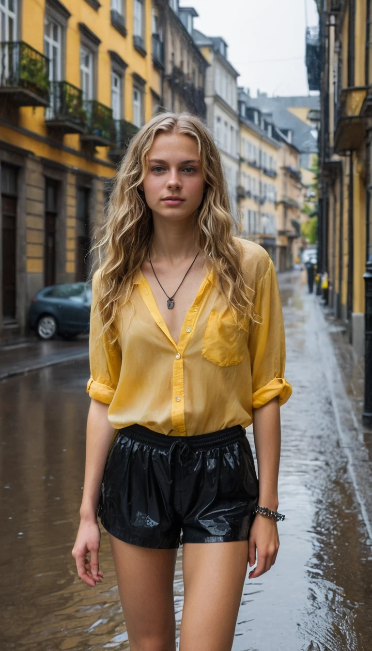 Young blonde girl in yellow shirt on rainy street