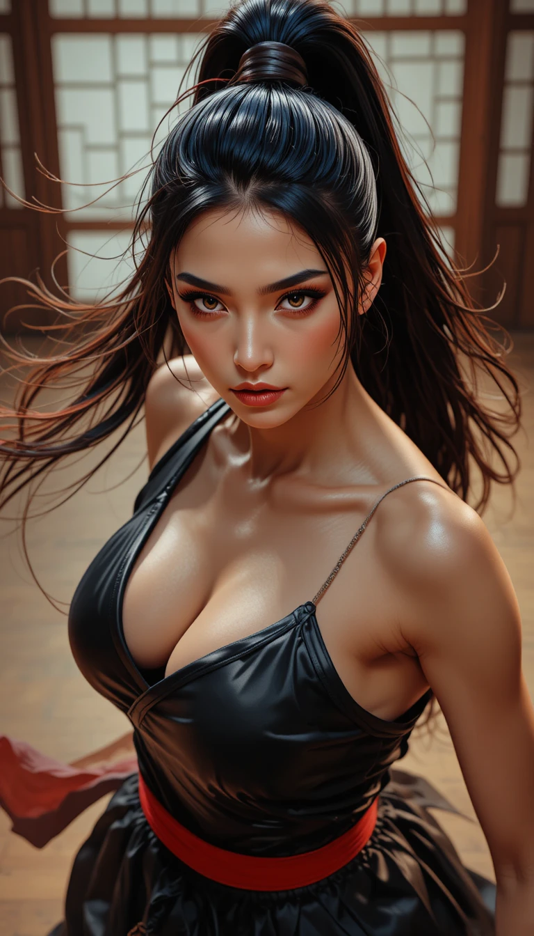 道場中擺出動感姿勢的女武術家