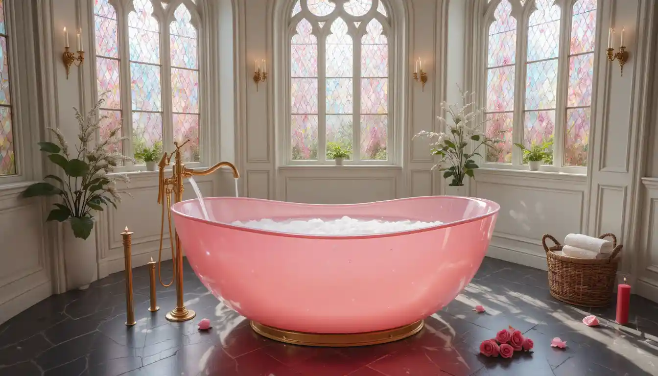 Bagno romantico in stile cattedrale con vasca di cristallo a forma di cuore luminosa