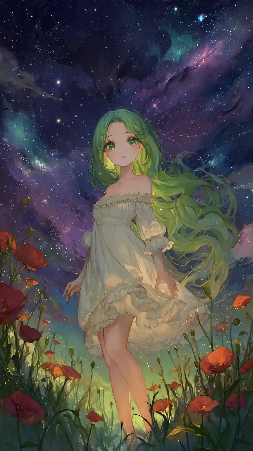 Anime girl in an enchanted meadow under cosmic stars