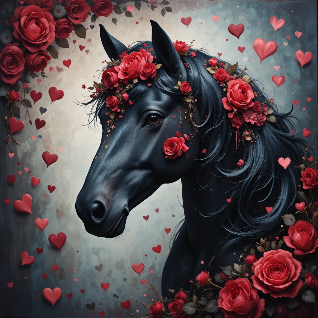 Cavalo preto com rosas vermelhas e corações flutuantes