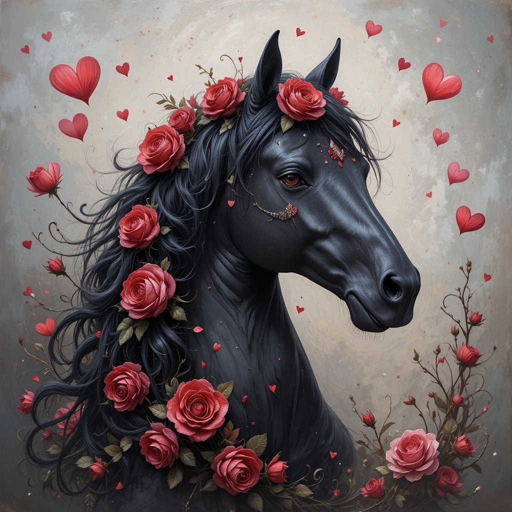 Cavalo preto com rosas vermelhas em uma aura de fantasia romântica