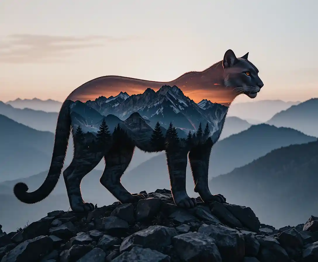Doppelbelichtung: Löwensilhouette mit leuchtendem Bergsonnenuntergang