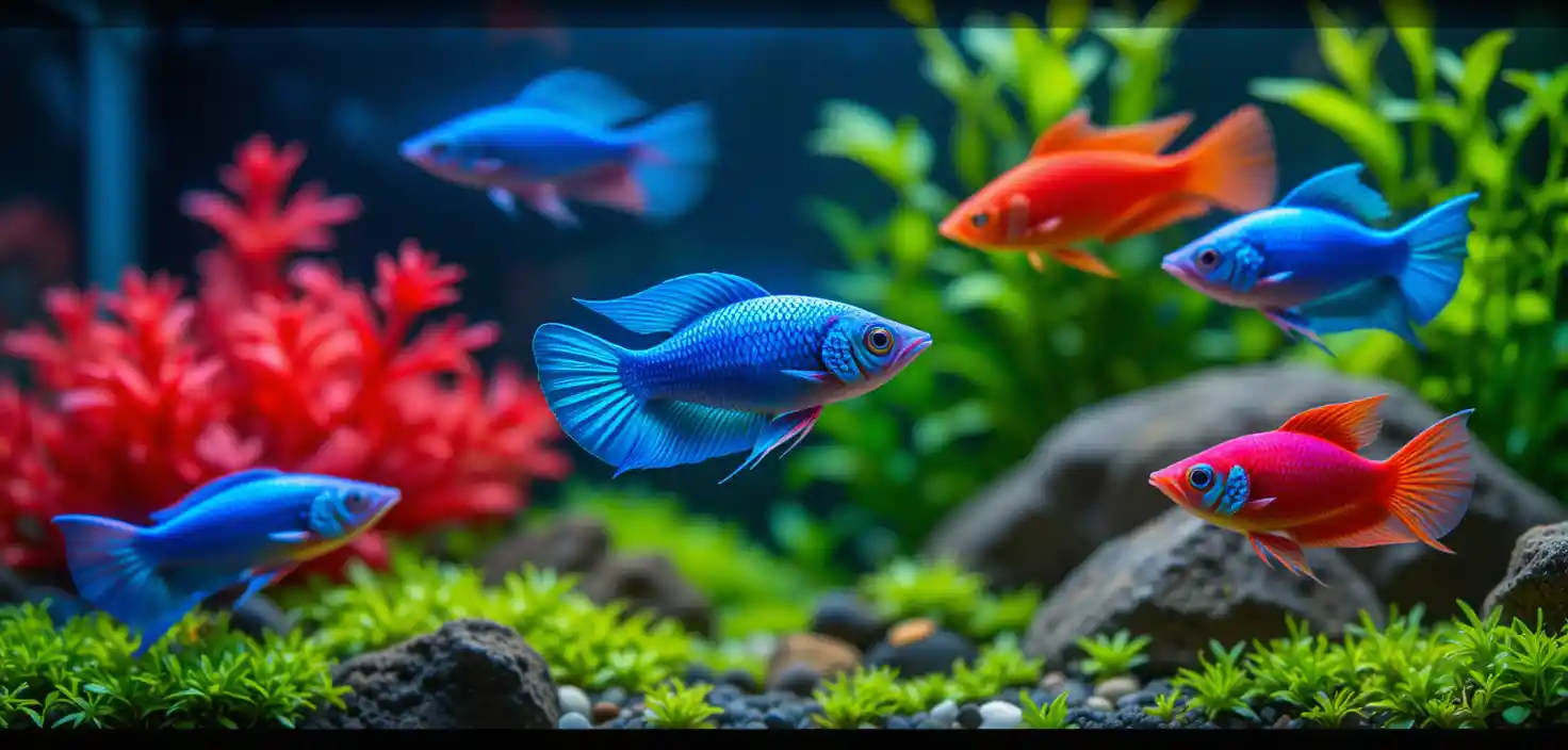 Neon tetra fish in a lush planted aquarium close up