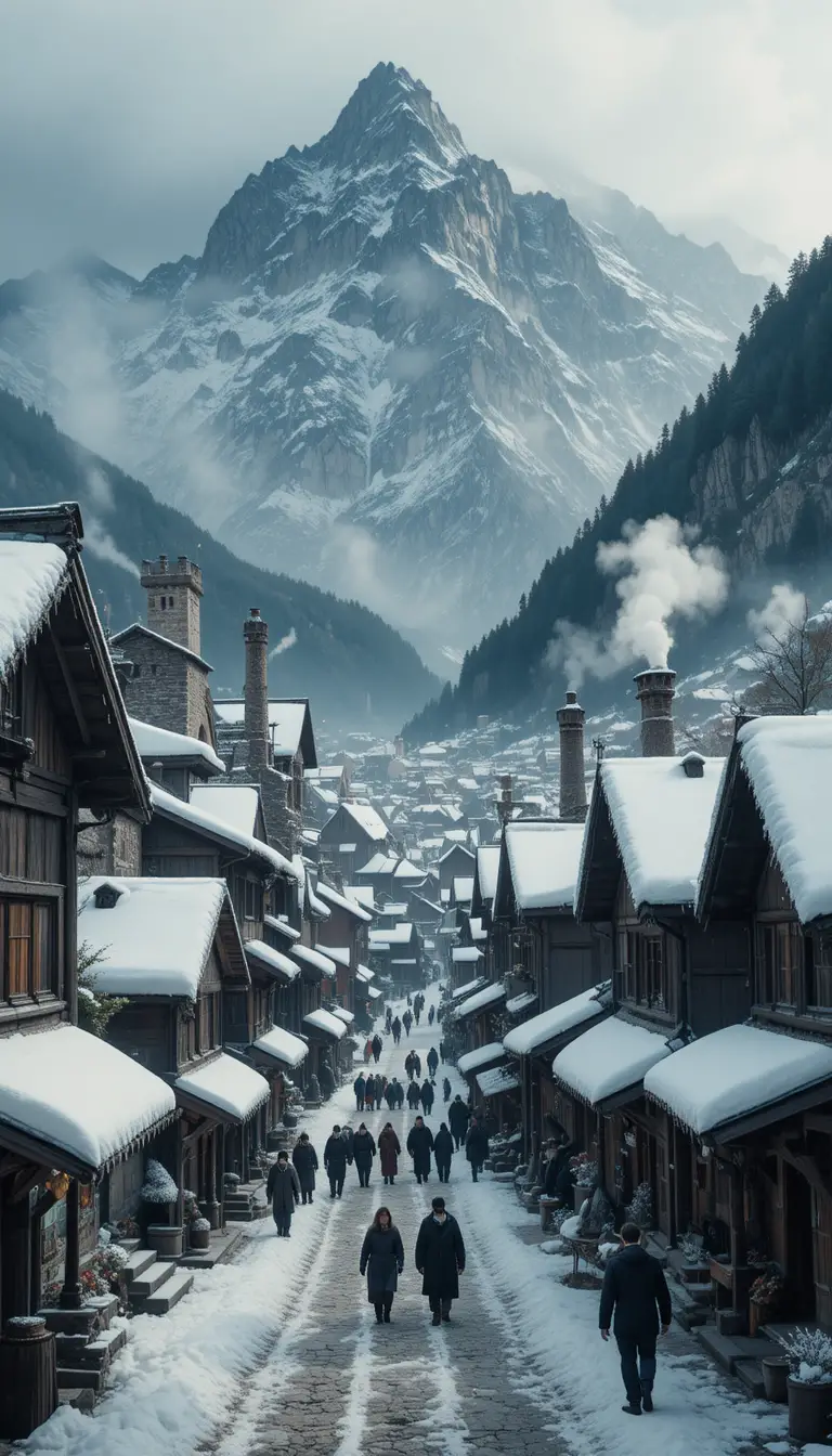 Mittelalterliche Bergstadt im Winter mit belebten verschneiten Straßen