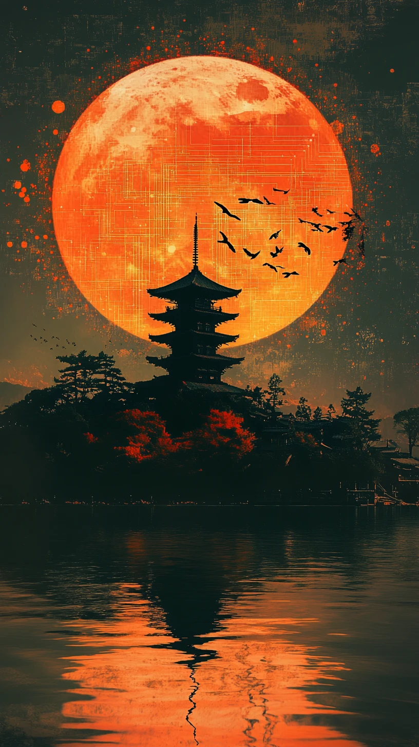 Village japonais de pagodes au bord d’un lac sous une lune géante