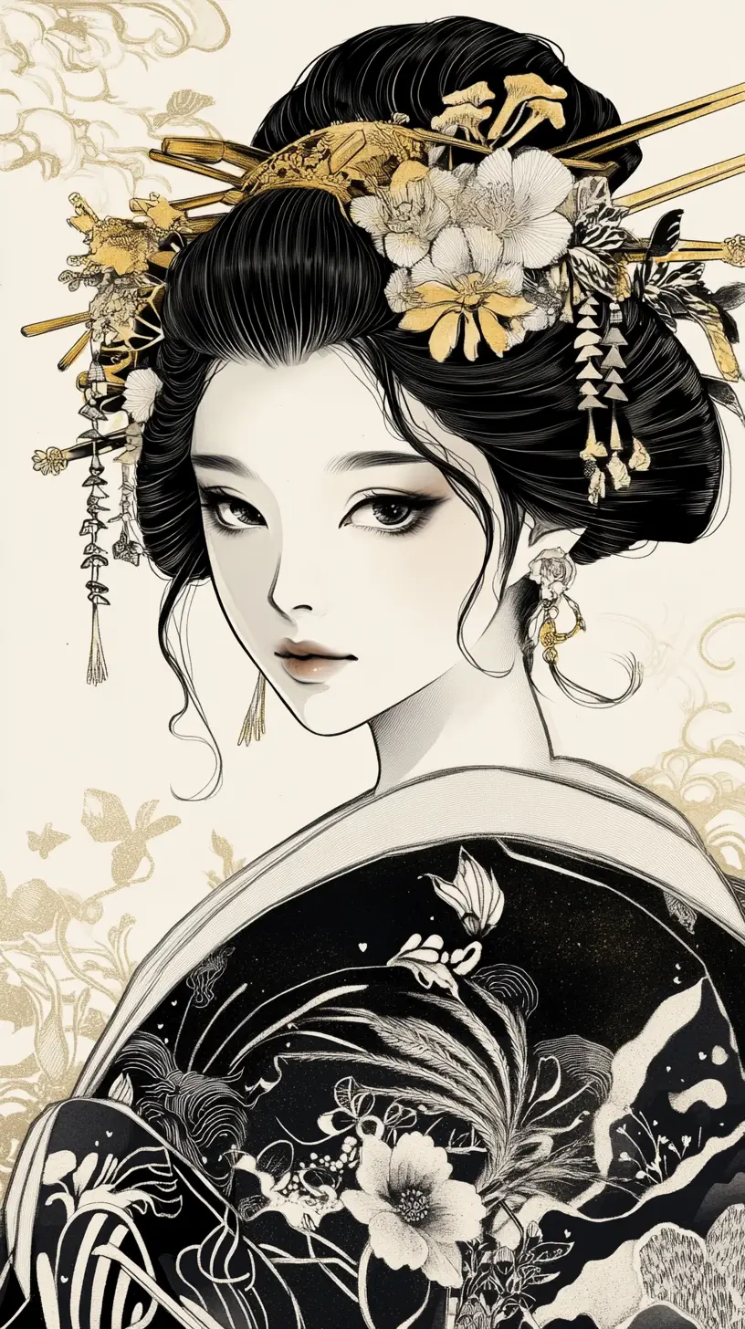 Geisha portrait in dramatic monochrome ukiyo e ink style