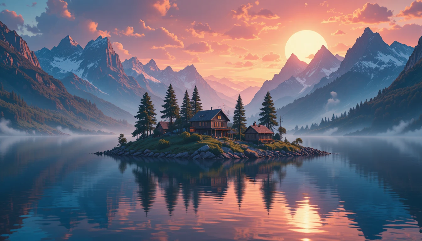 Pueblo pixel art en lago de montaña al atardecer con cabañas