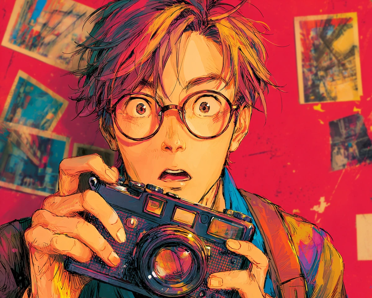 Homem em estilo anime examinando uma câmera vintage em estúdio vermelho