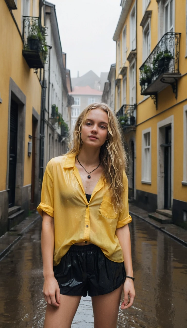 Young blonde girl in yellow shirt on wet european street