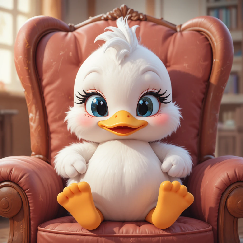 Pato branco fofo em desenho animado relaxando em uma poltrona aconchegante