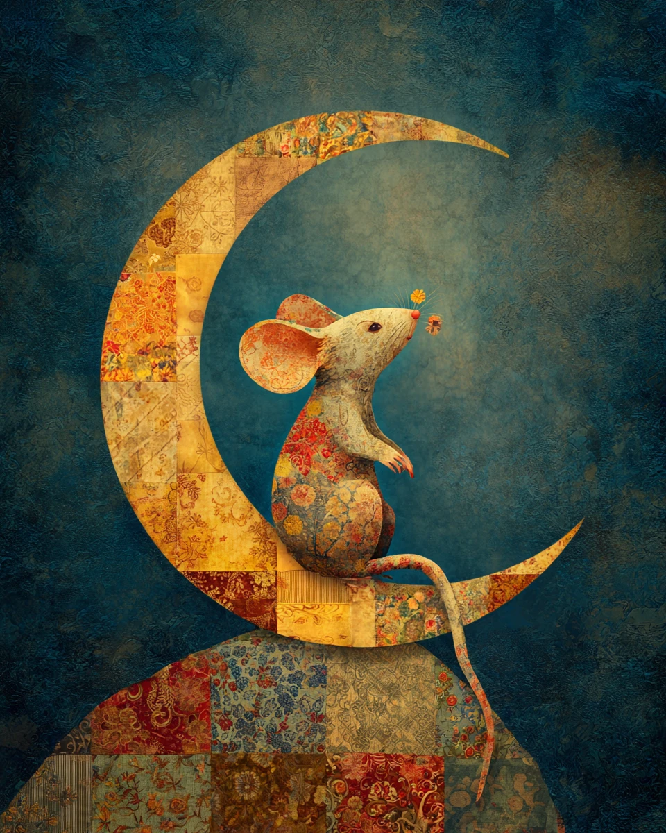 Ratón tierno mordisqueando una luna de queso en estilo patchwork