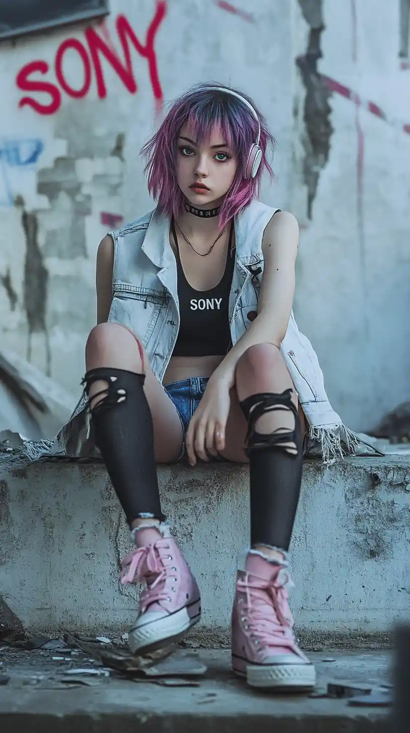 Garota de anime em cenário urbano arruinado com parede de grafite rosa