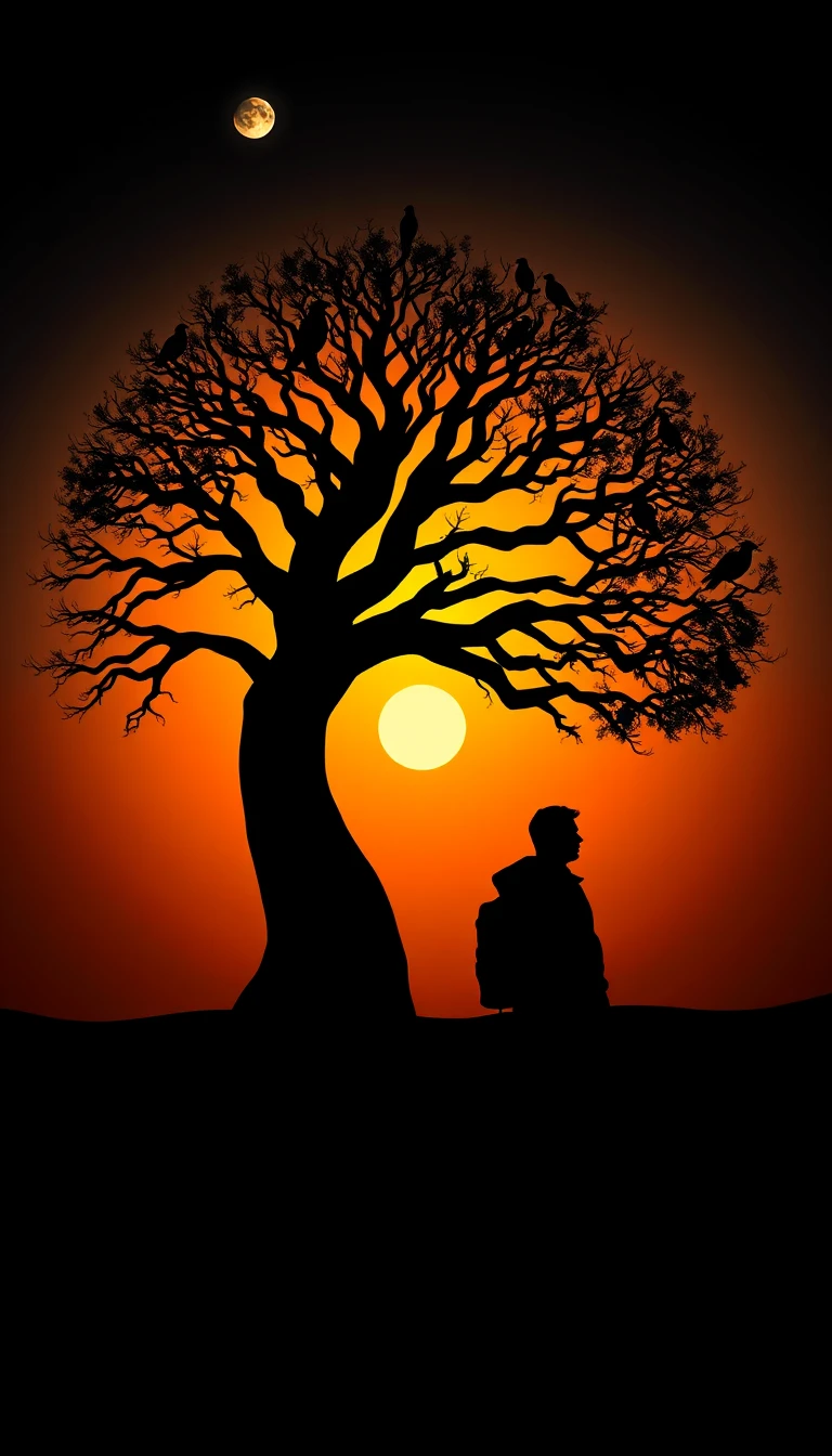 Surreal tree head silhouette at sunset with lone traveler